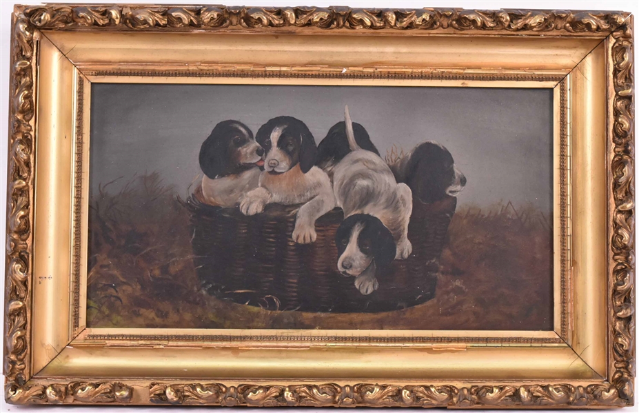 Oil on Board Puppies in a Basket