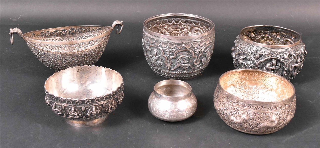 Group of Six Burmese & Indian Silver Bowls