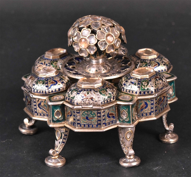 Indian Silver Enameled & Jeweled Spice Box