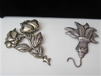 Two Mexican Sterling Silver Floral Brooches
