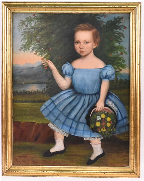 Oil on Canvas Folk Art Portrait Girl with Basket