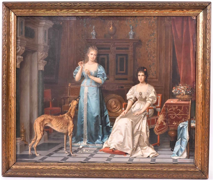 Oil on Board, Portrait of Two Woman and a Whippet