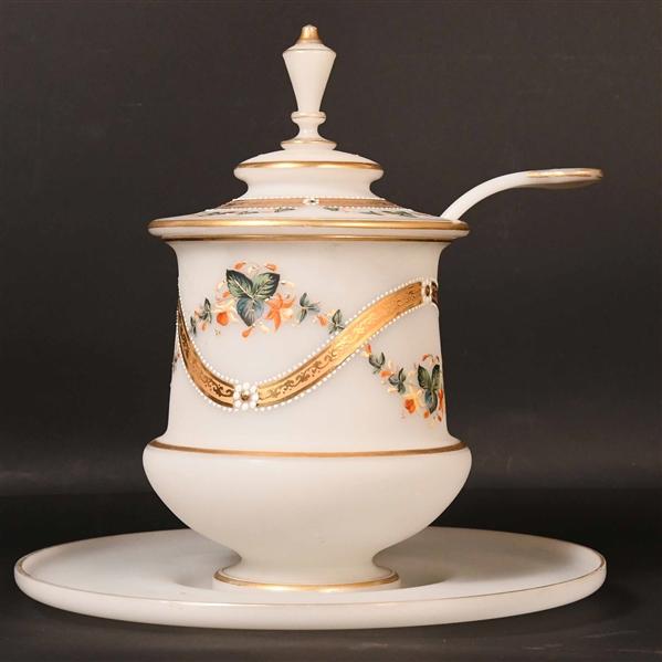 White Glass Enamel Painted Tureen and Underplate