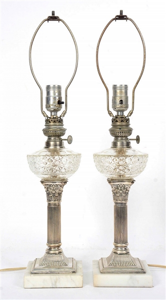 Pair of English Silver Mounted Fluid Lamps