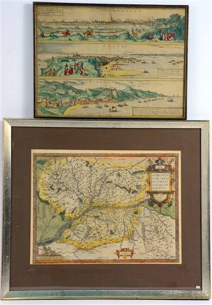 Two Colored Engravings of Maps and Cities