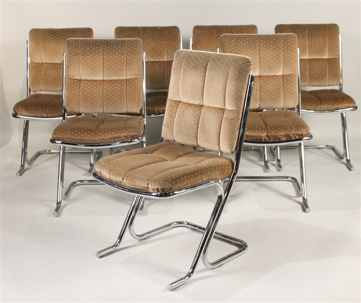 Seven Beige-Upholstered Chrome Side Chairs