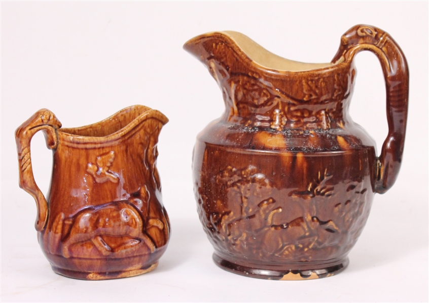 Two Rockingham Brown-Glazed Ceramic Pitchers