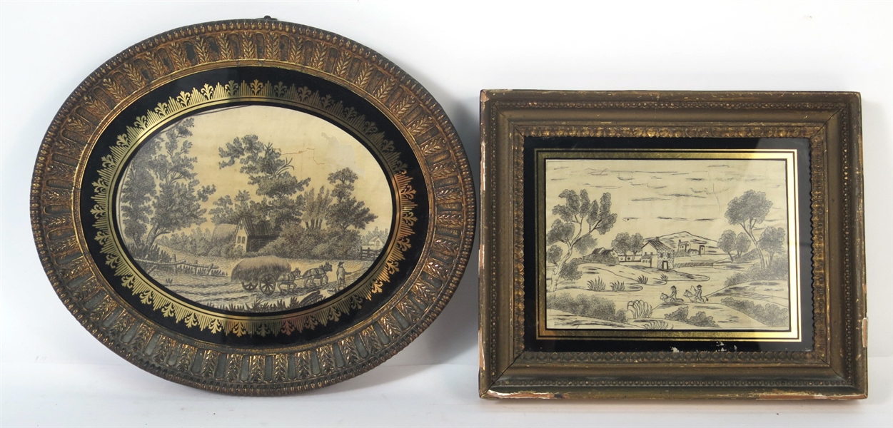 Two Black and White Silkworks of Bucolic Scenes