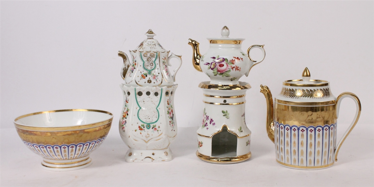 Two French Porcelain Teapots on Burner Stands