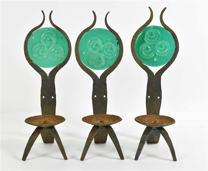 Three Arts & Crafts Iron and Glass Sconces