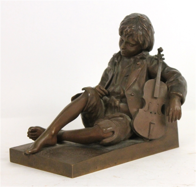 Bronze "The Idle Fiddler" Sculpture Leon Tharel