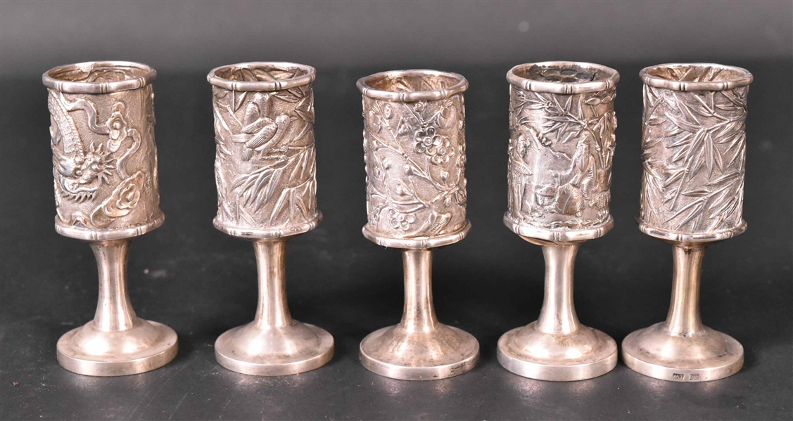 Set of Five Chinese Export Silver Cordial Glasses