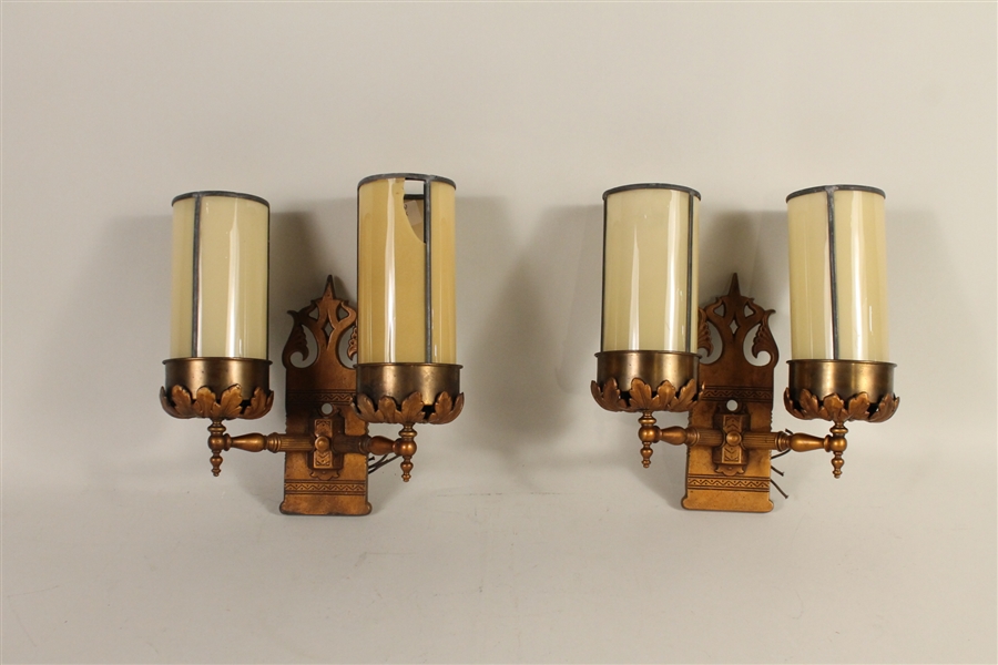 Pair Gilt Metal Two Arm Wall Sconces