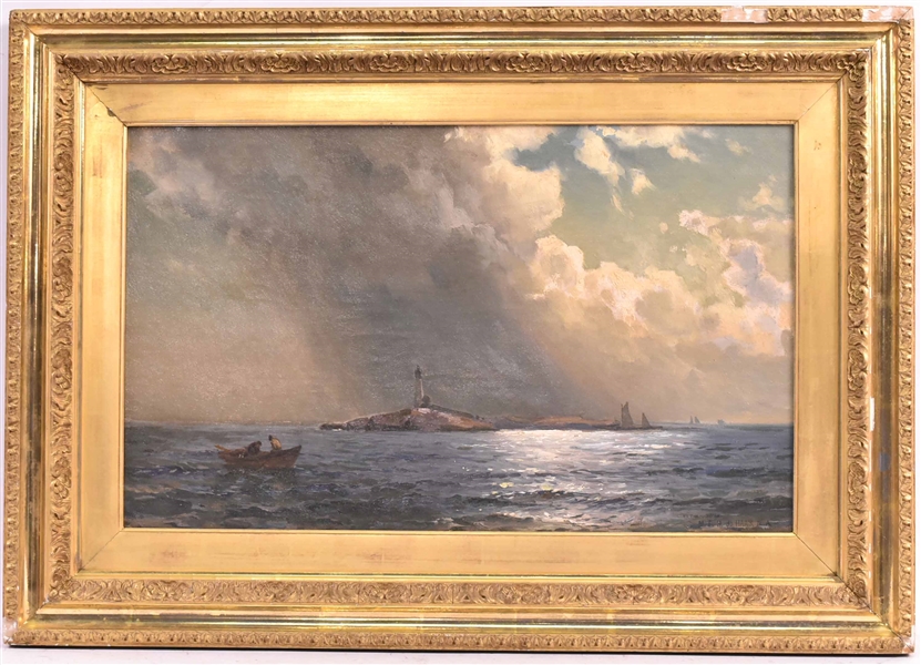 Oil on Canvas, de Haas, Lighthouse and Fishermen