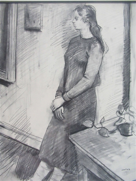 Lambro Ahlas Charcoal Drawing of Standing Woman