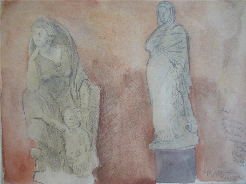 Raphael Soyer Mixed Media of Statues 