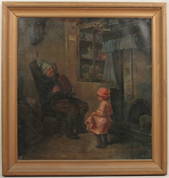 Oil on Canvas, Old Man and Girl, Joseph M Lombard