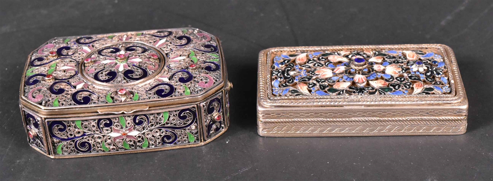 Two Continental Silver Enamel & Jeweled Boxes