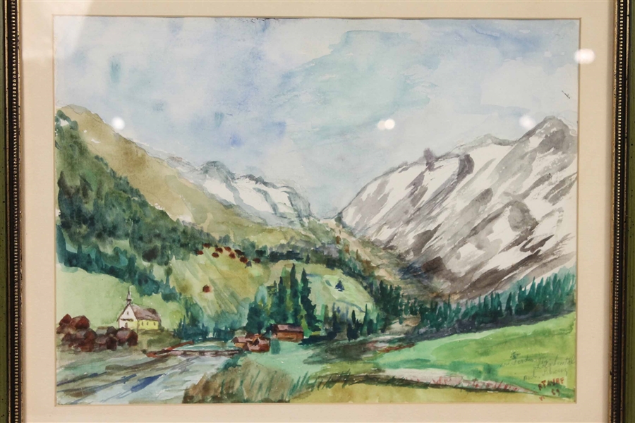 Watercolor, Mountain Valley and Church