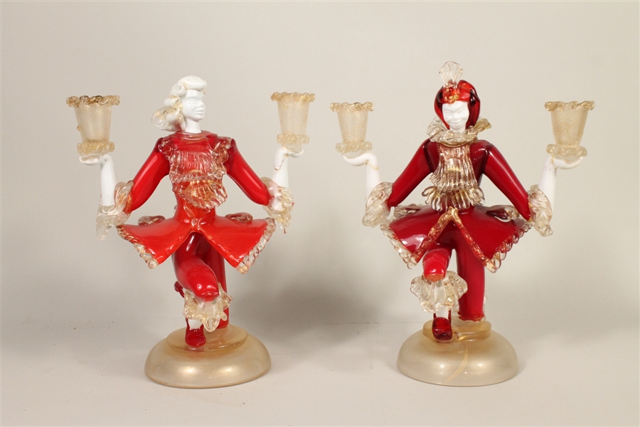 Pair of Red Figural Venetian Glass Candelabra