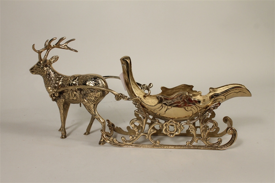 Modern Brass Reindeer and Sleigh