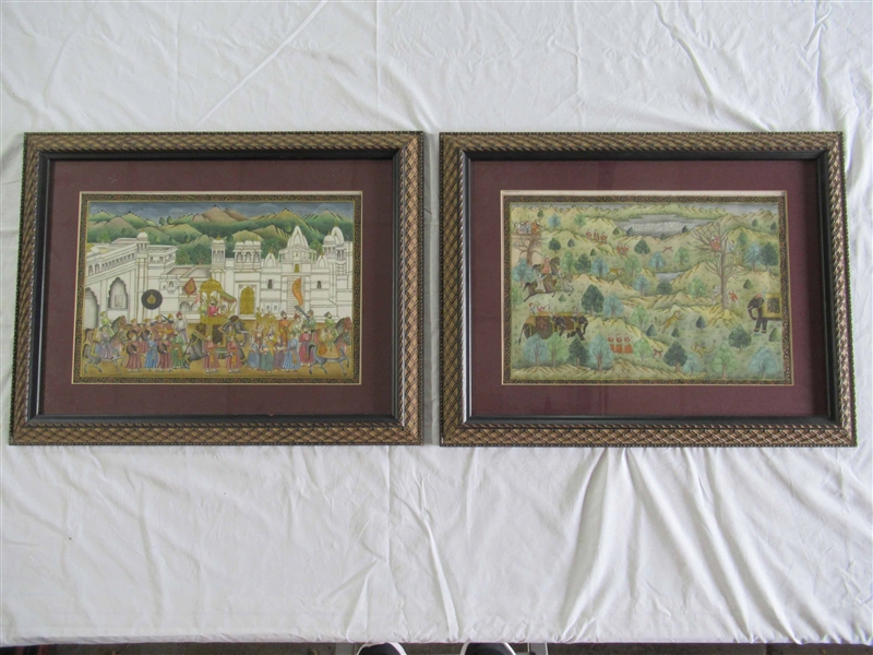 Two Persian Mixed Media, Villages and Hunting