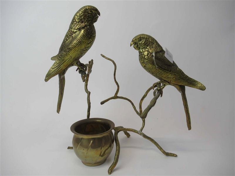 Pair of Brass Lovebirds Perched on Branch