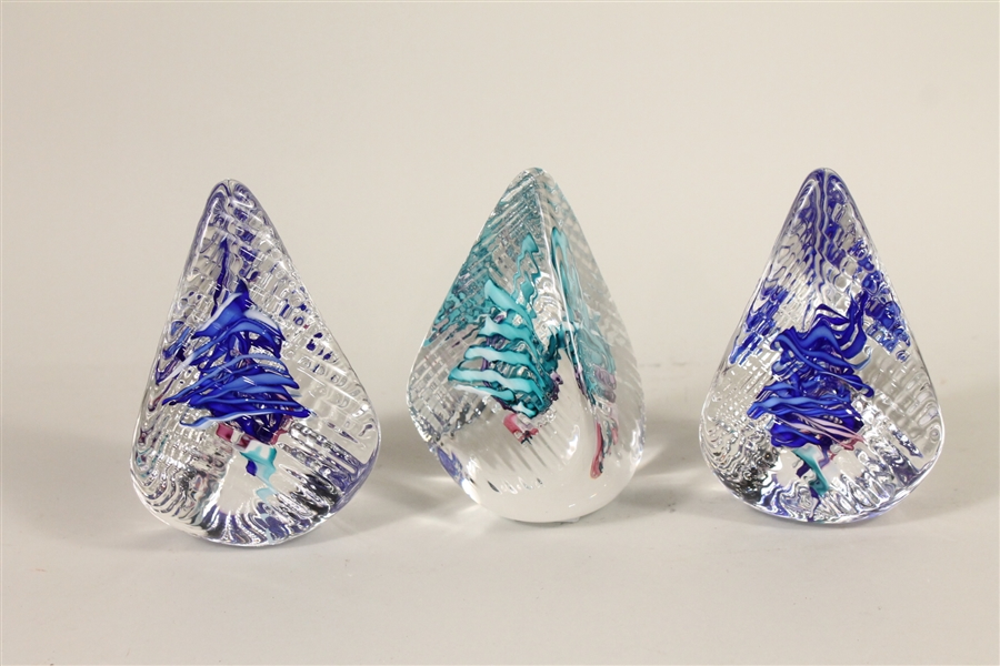 Three Art Glass Pyramid Form Paperweights