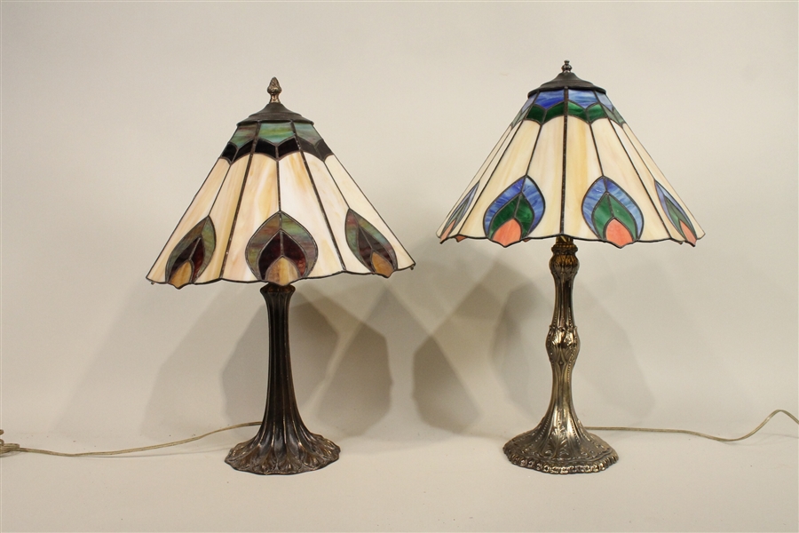 Two Stained Glass and Brass Table Lamps