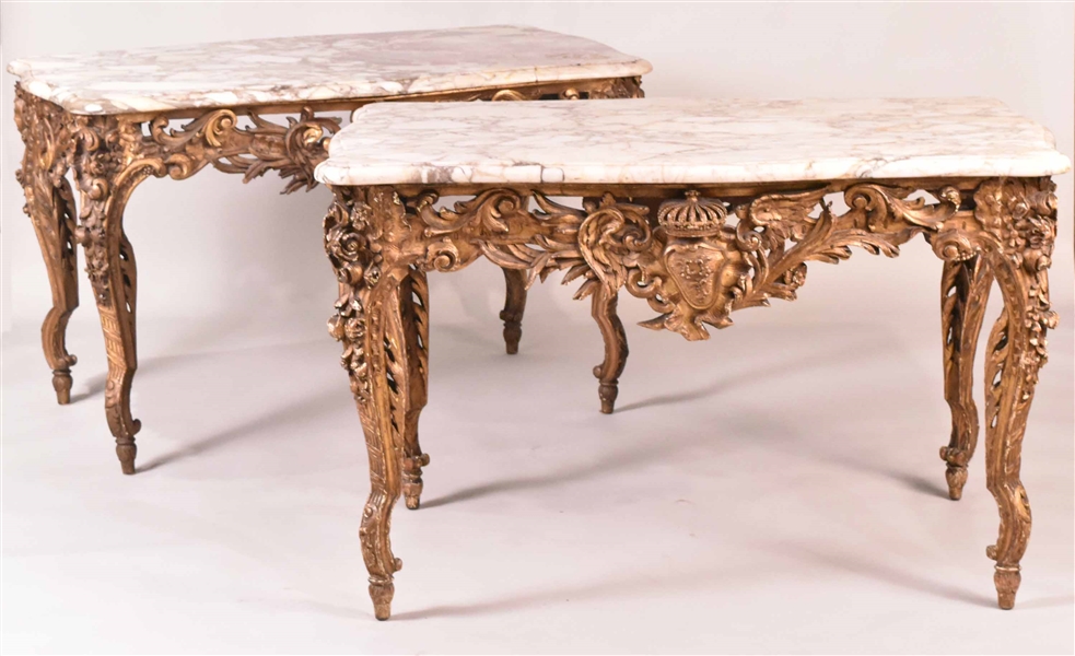 Pair of Louis XV Style Marble Top Giltwood Tables