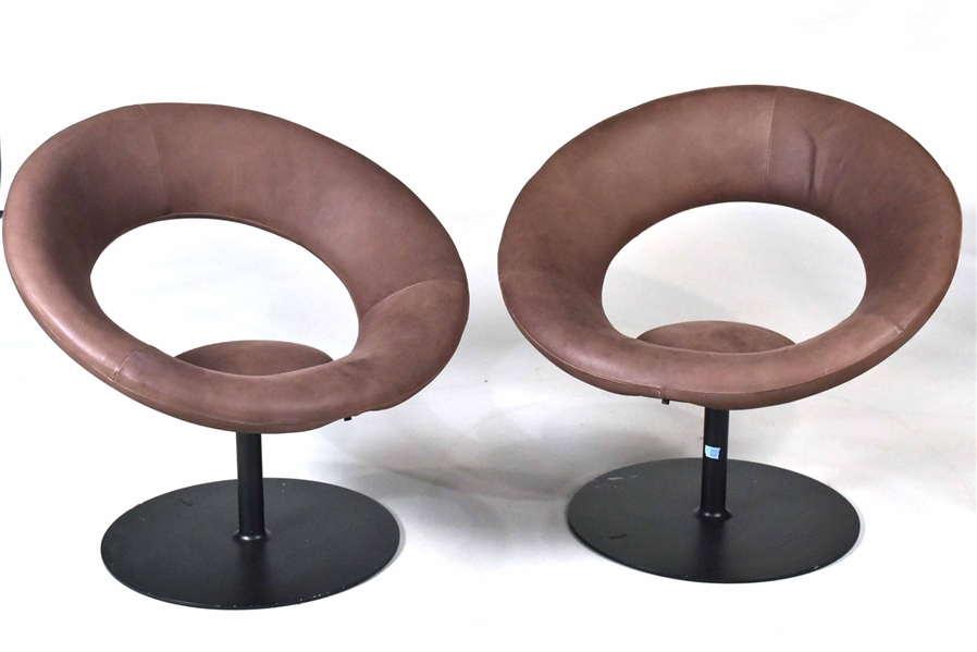 Pair of Round Brown Leather Cut-Out Swivel Chairs