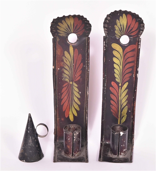 American Pair Red & Yellow Tole-Ware Sconces