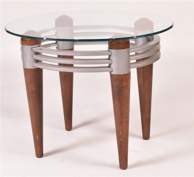 Modern Glass Top Metal Mounted Wood Side Table