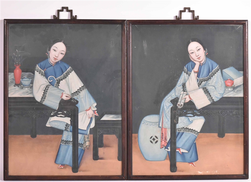 Pair Gouache On Paper Chinese Portraits