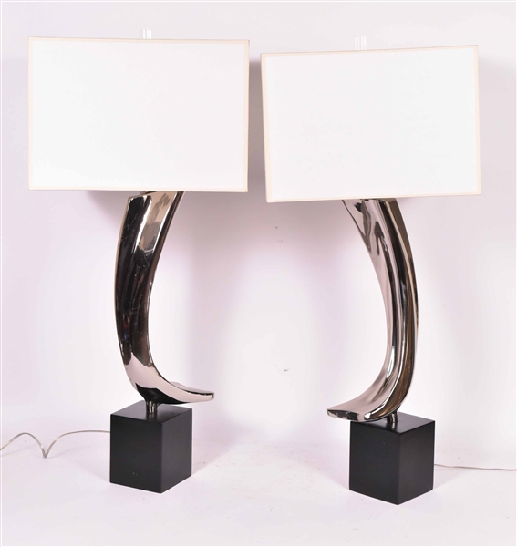 Pair of Chrome and Ebonized Metal Table Lamps