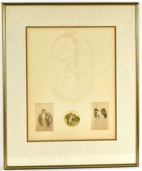 Etchings of Three Woman on Embossed Paper