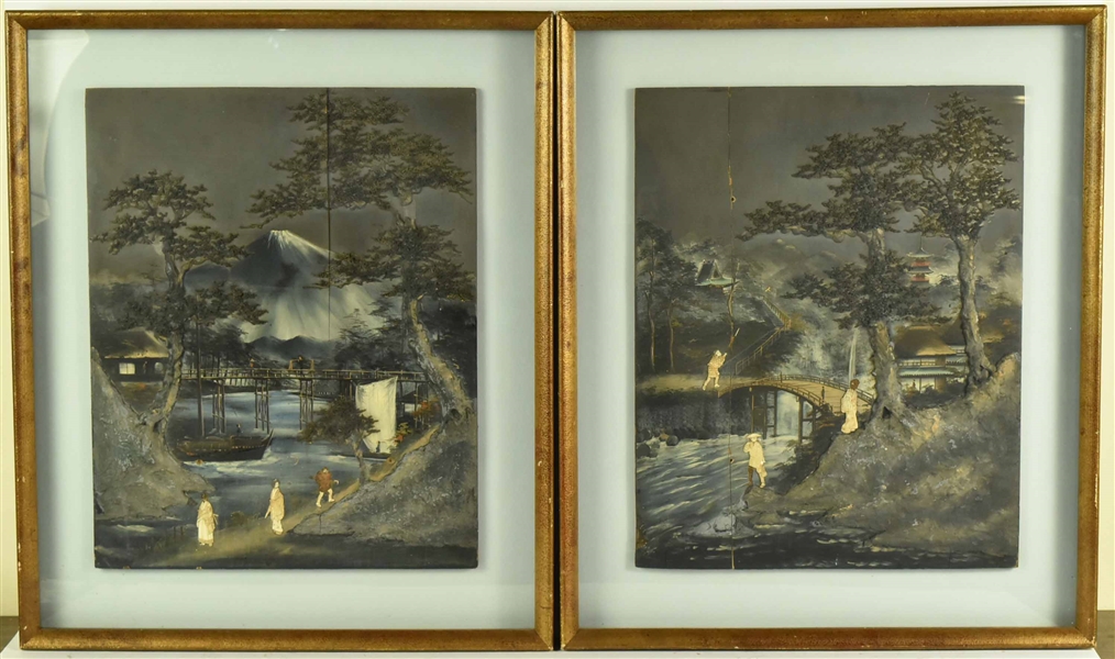 Pair of Japanese Painted Landscape Panels