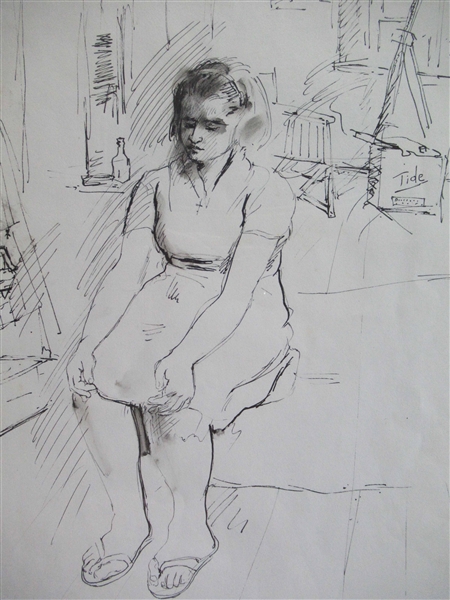 Lambro Ahlas Ink Drawing of Seated House Worker