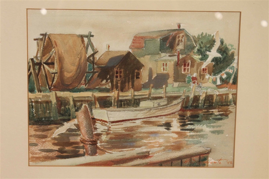 Watercolor, Mid Century, Dockside with Seagull