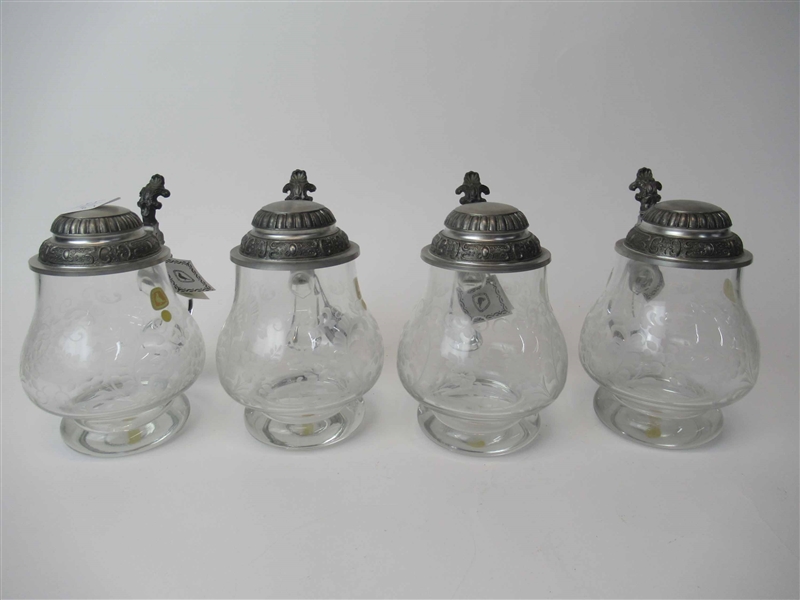 Set of Four Pewter and Acid-Etched Glass Steins