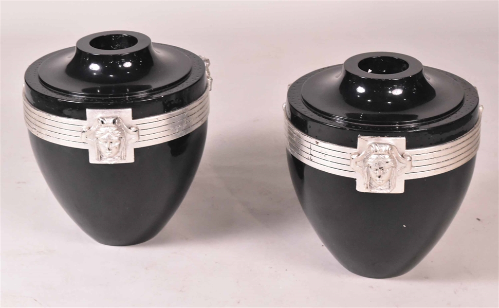 Pair of Ebonized & Silvered Metal Art Deco Vases