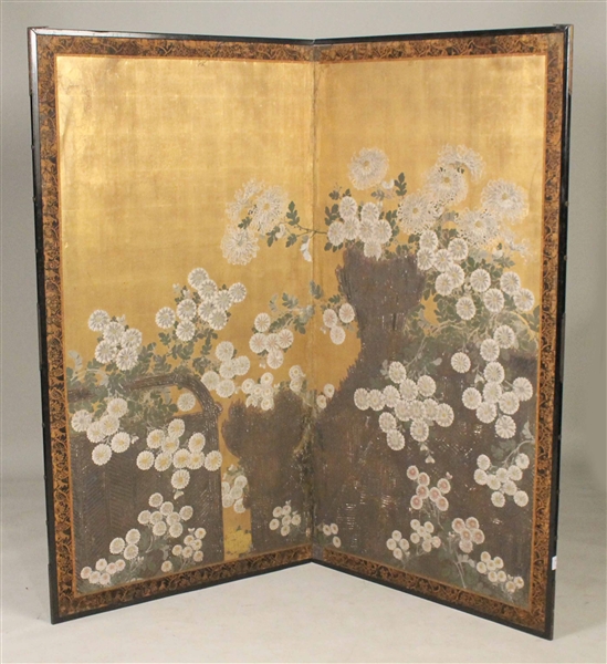Chinese Painted Embossed Two Panel Screen