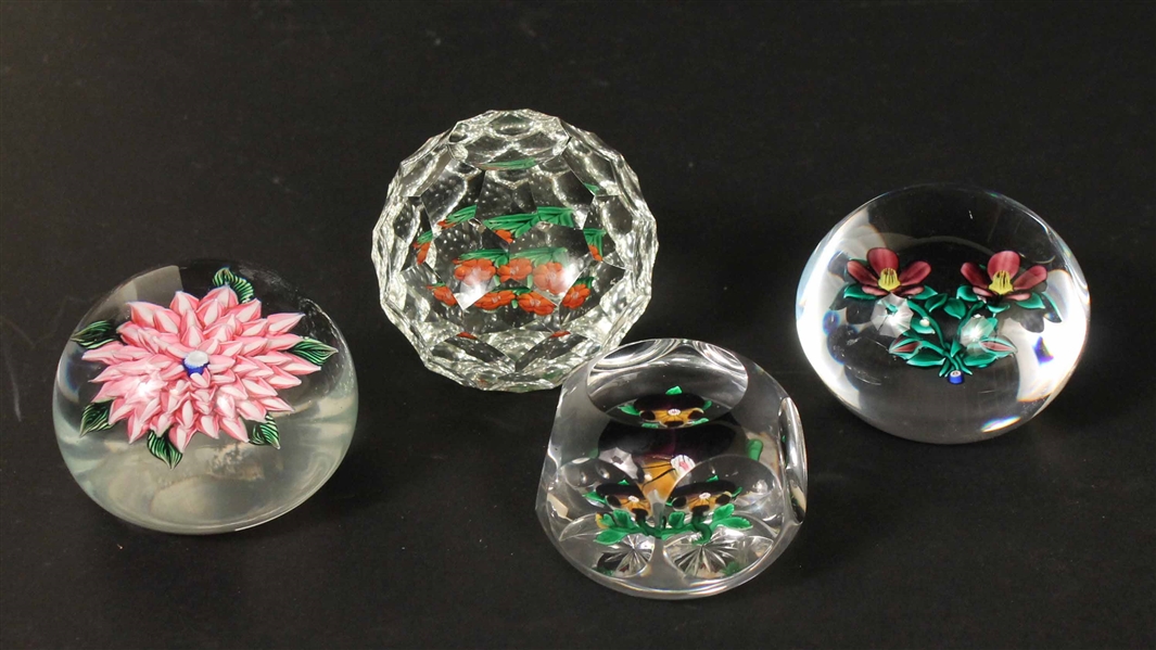 Four Art Glass Floral Paperweights