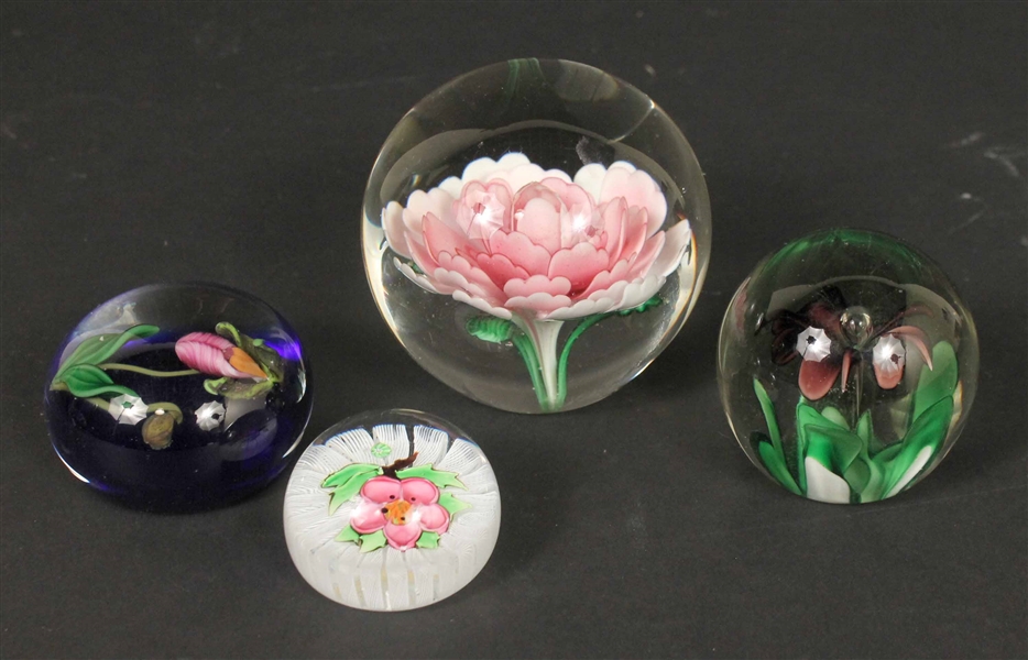 Four Art Glass Floral Paperweights