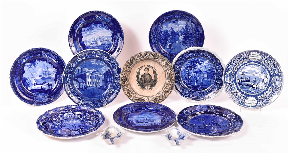Nine Blue and White Transfer Decorated Plates