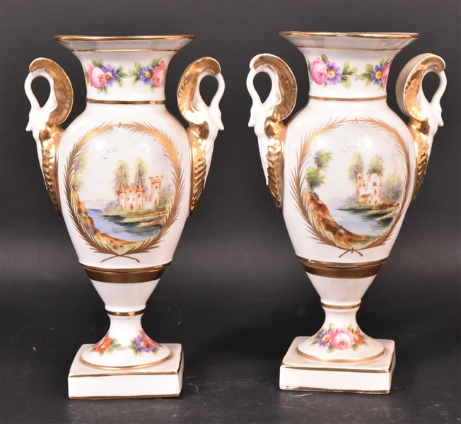 Pair French Porcelain Hand Painted Urns