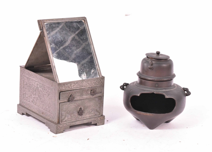 Chinese Metal Miniature Jewelry Chest with Mirror