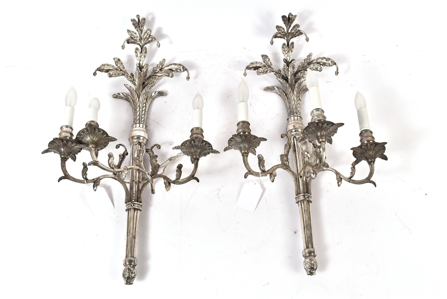 Pair of Silvered Metal Three Light Wall Sconces