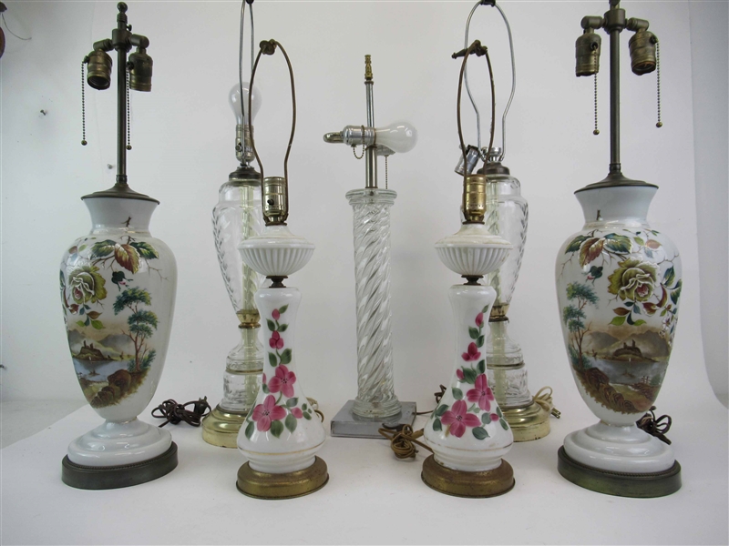 Group of Seven Assorted Glass Table Lamps