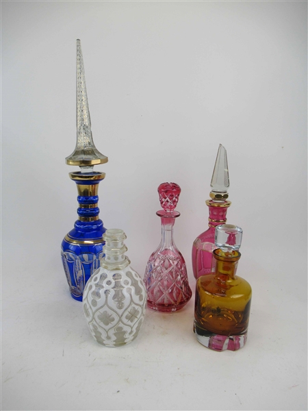 Group of Five Assorted Colored Glass Decantors